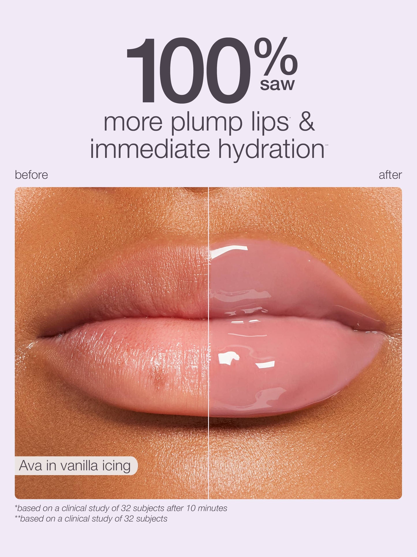 Before and after comparison of lips with a lip product labeled '100% saw more plump lips & immediate hydration' on a beige background.
