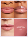 Four close-up images of lips wearing glossy lipstick are shown. Text reads tartelette™ balm gloss & balm in 1 on a pink background, displaying Tarte Cosmetics' product versatility.