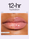 Lips, showing the effect of a Tarte Cosmetics product, appear glossy and moisturized on the right side, labeled after, compared to the left before side. Text reads: 12-hr hydration, before, after, results based on clinical study, and source: tariest.com.