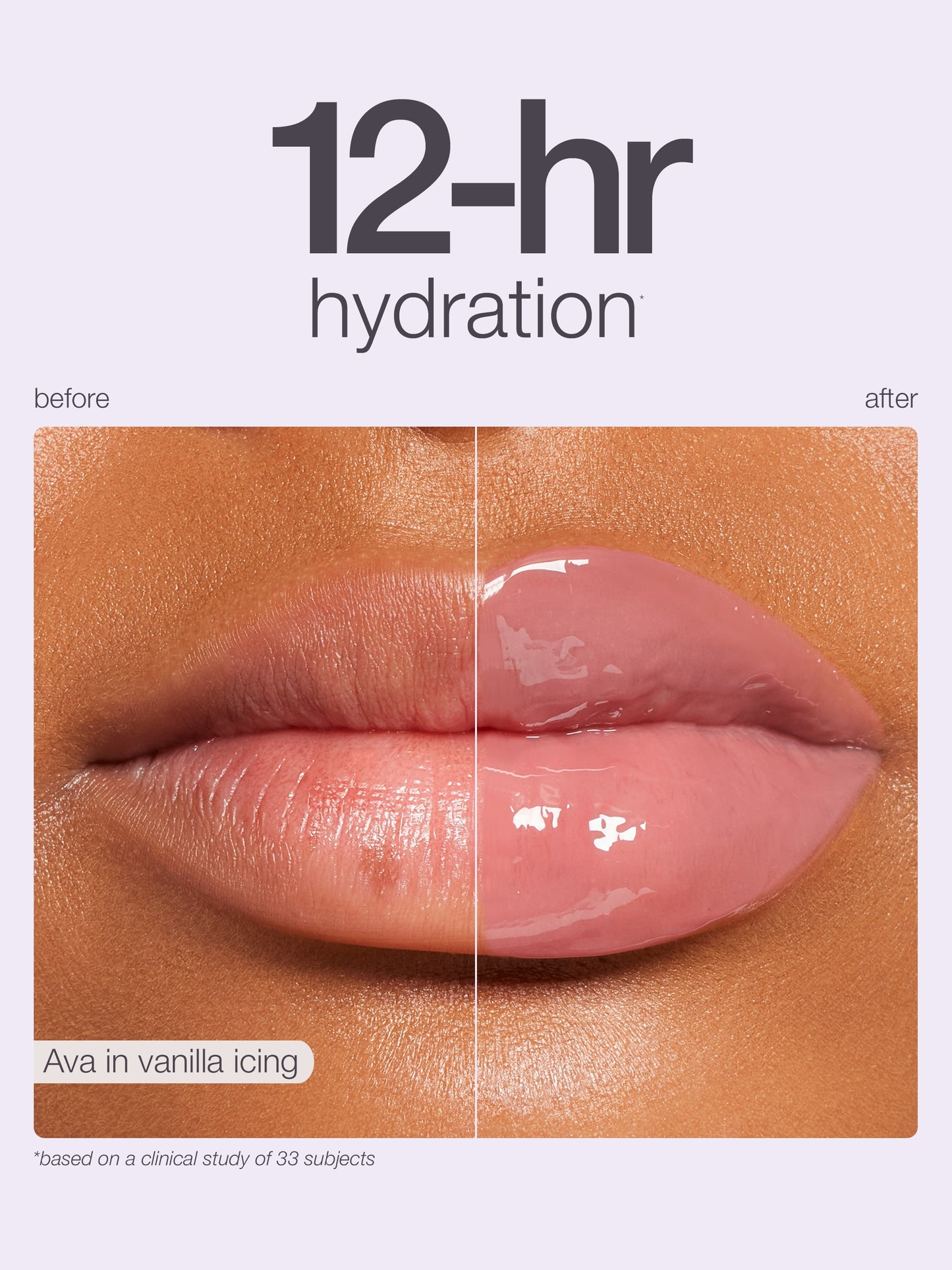 Lips, showing the effect of a Tarte Cosmetics product, appear glossy and moisturized on the right side, labeled after, compared to the left before side. Text reads: 12-hr hydration, before, after, results based on clinical study, and source: tariest.com.