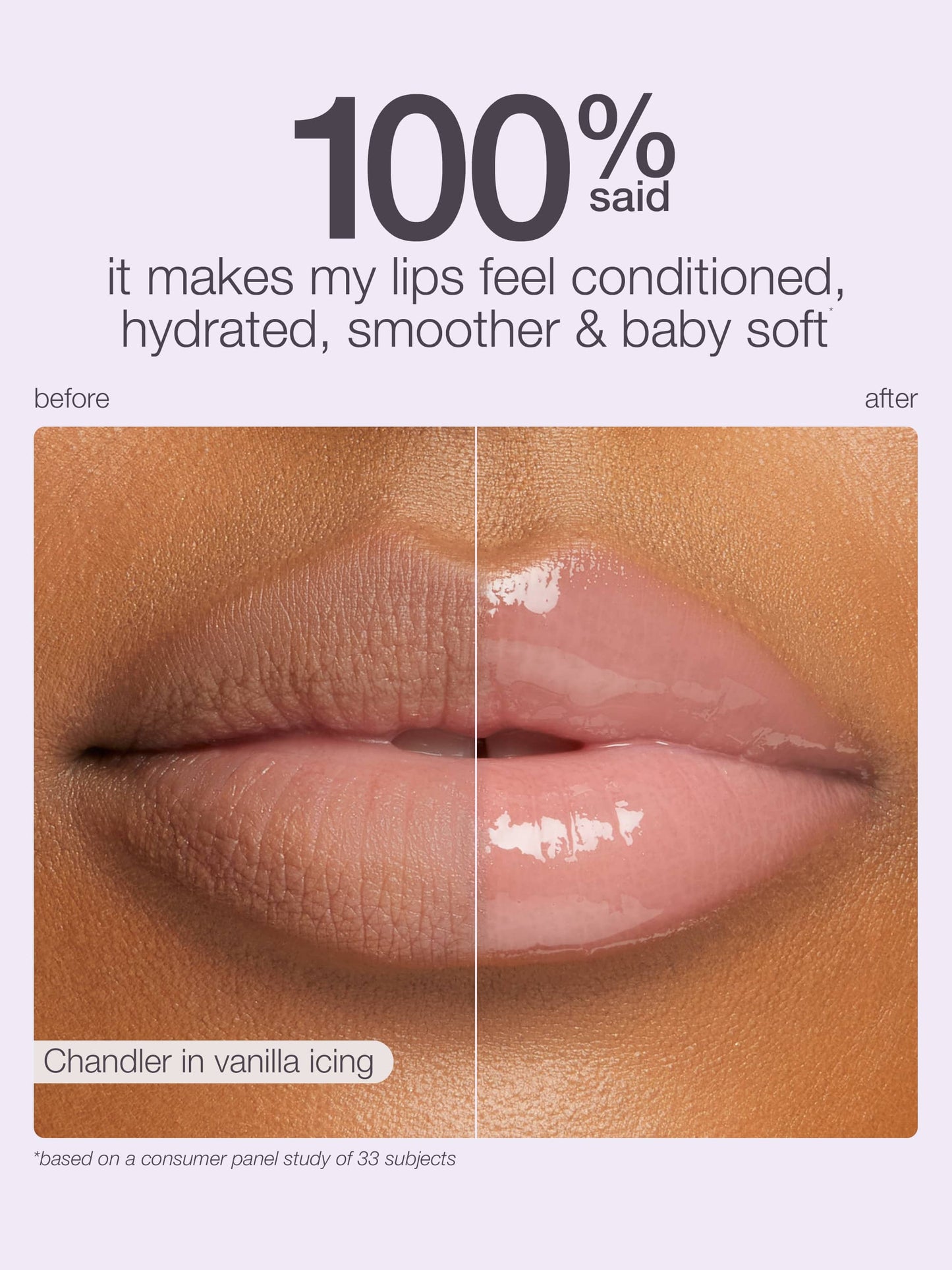 Before and after comparison of lips with a product application, showing hydration and smoothness.