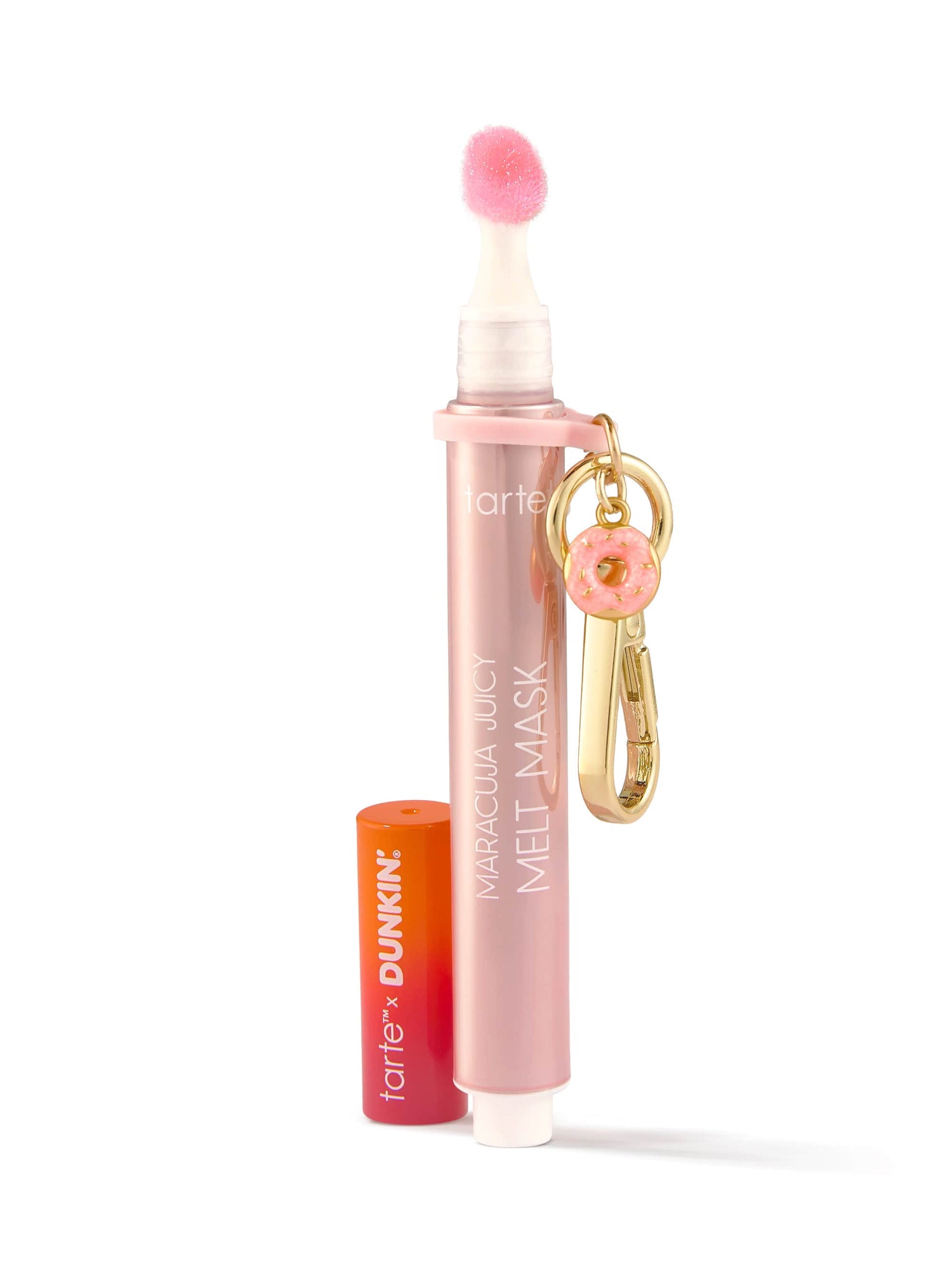 Tarte x Dunkin' lip mask with pink cap and keychain on a white background