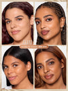 Four close-up portraits of a woman with different hair colors and styles, labeled 'tan' with shade range 36N-51H wearing tarte CC serum 