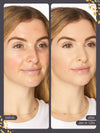 Comparaison « avant-après » du visage d'une femme avec le fond de teint en stick « Maneater » de Tarte, teinte 12N