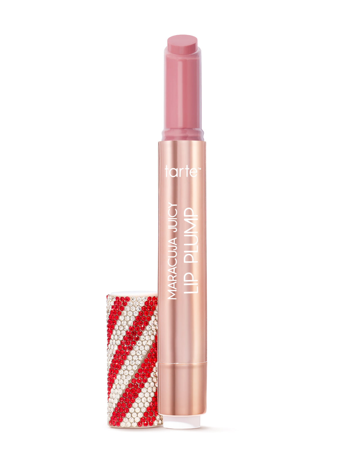 Tarte Maracuja Juicy Lip Plump with limited edition holiday cap on a white background in shade candy cane
