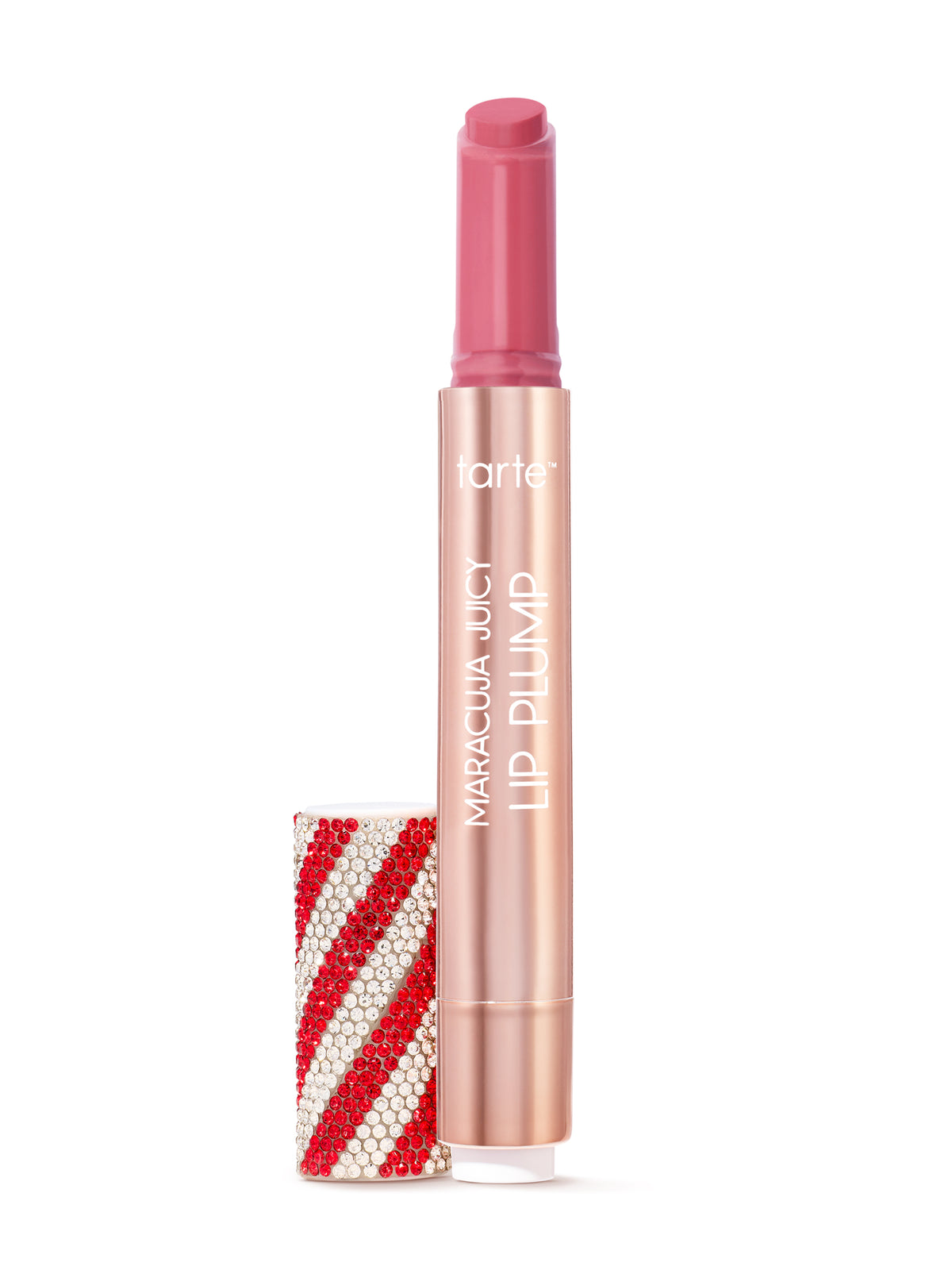 Tarte Maracuja Juicy Lip Plump with limited edition holiday cap on a white background in shade peppermint mocha