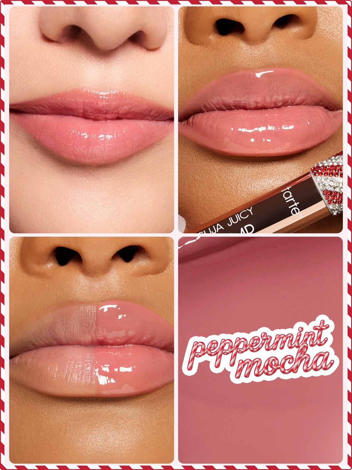 Four-panel close-up collage showing glossy pink lips wearing a tarte maracuja juicy lip plump, with swatch panel reading peppermint mocha.