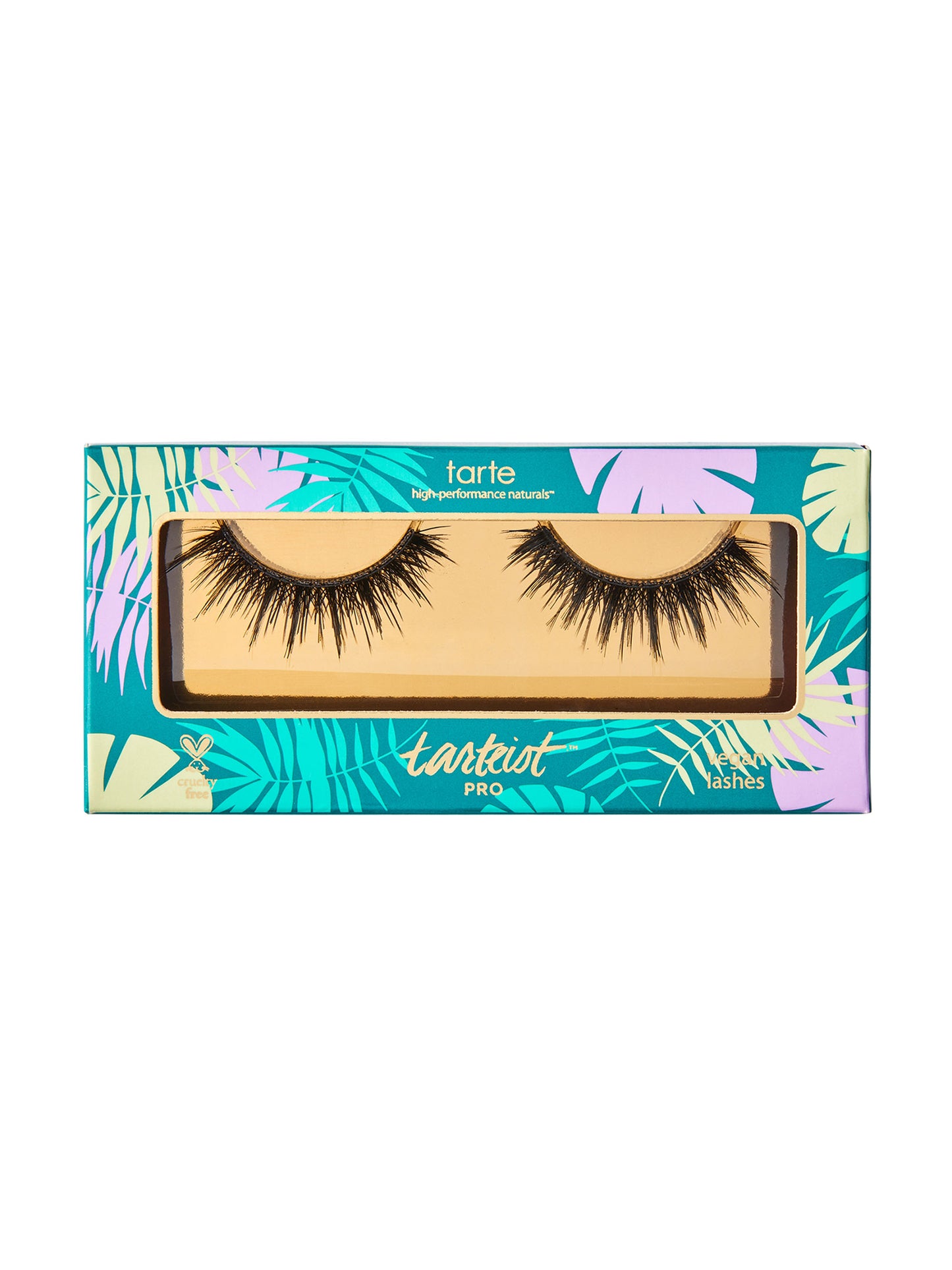 Tarte false eyelashes in a colorful box with palm leaf design