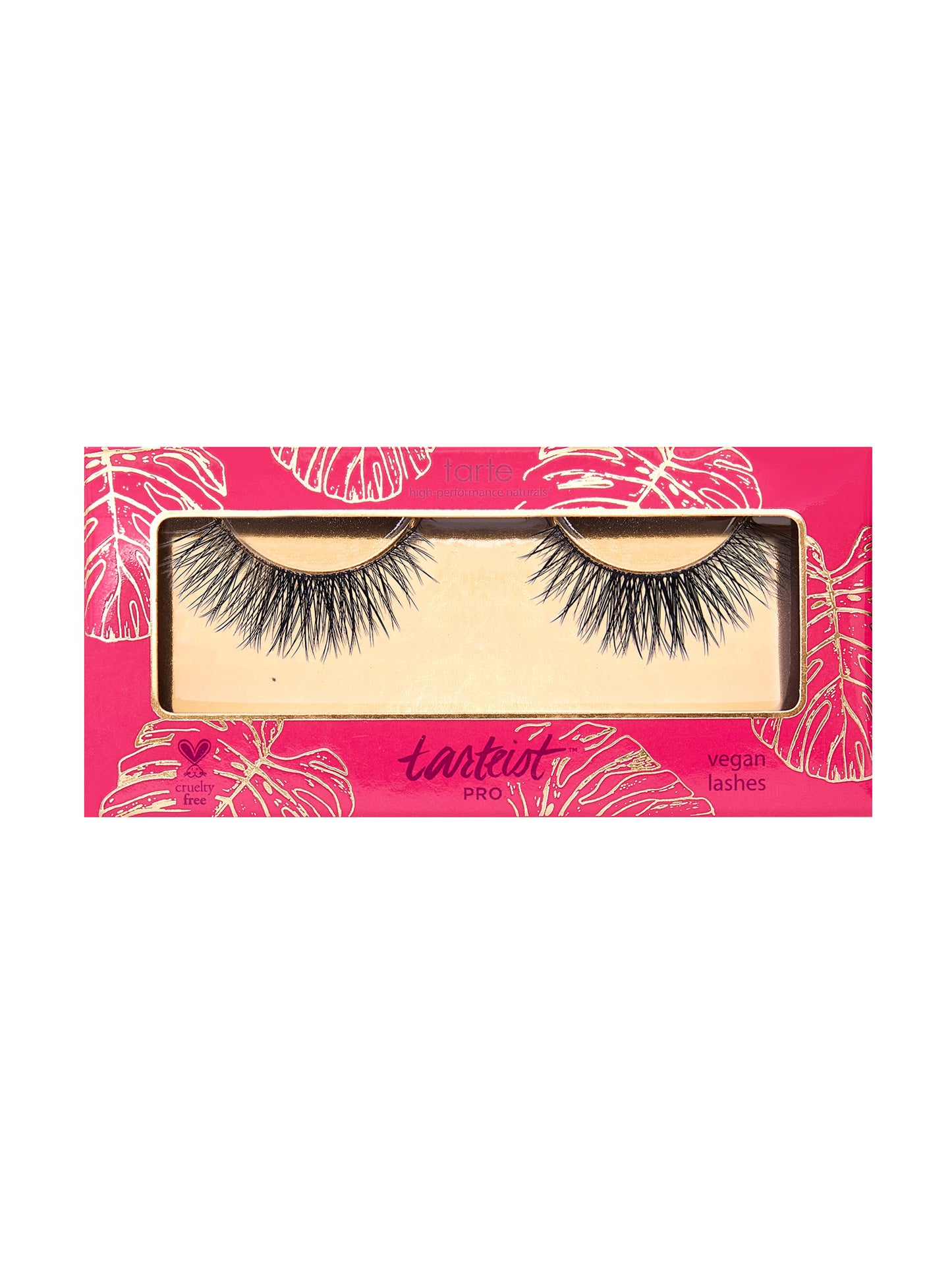 Tarte false eyelashes in a pink packaging with leaf patterns on a white background