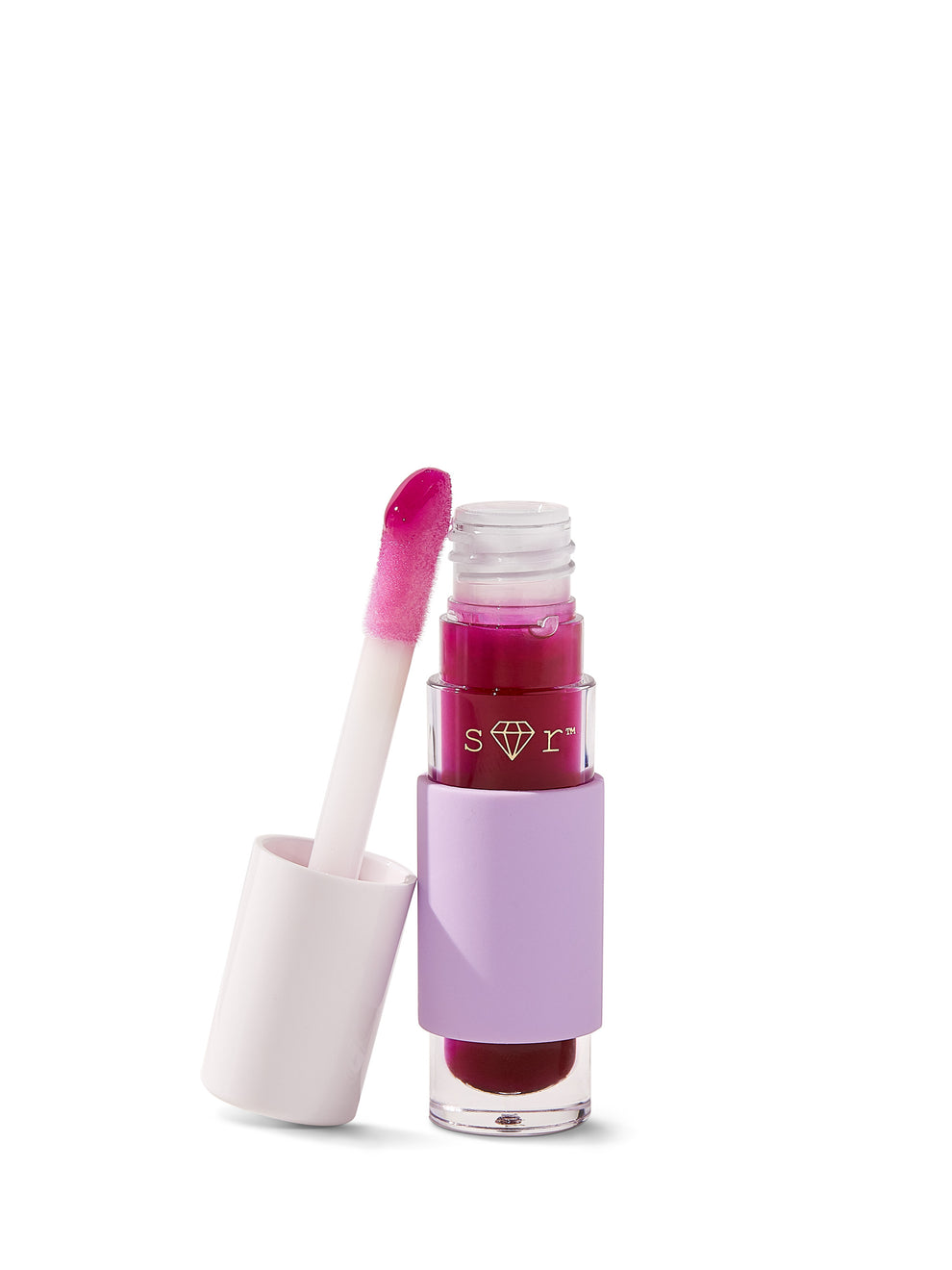 Lip gloss with applicator on a white background