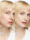Before and after comparison of a woman with blonde hair and blue eyes, labeled 'before' and 'after' with product name.