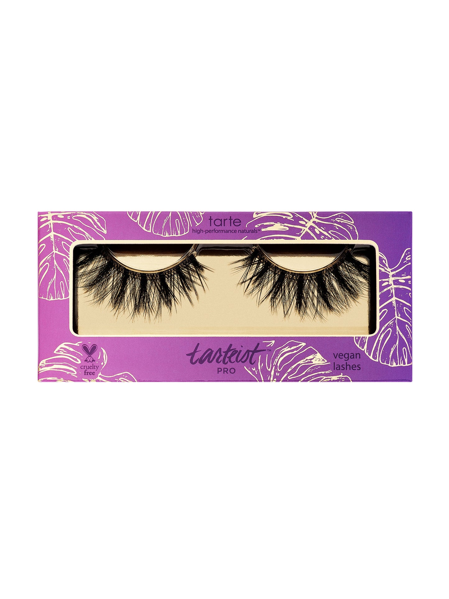 Tarte false eyelashes packaging with purple and gold design on a white background