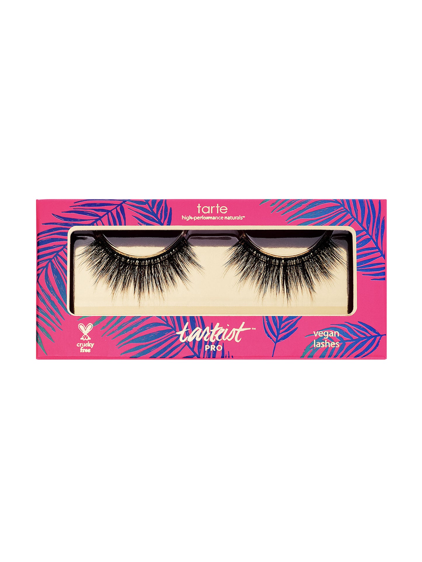 Tarte false eyelashes in a pink packaging with leaf pattern on a white background