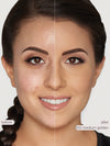 Before and after comparison of a woman's face with makeup application on a plain background