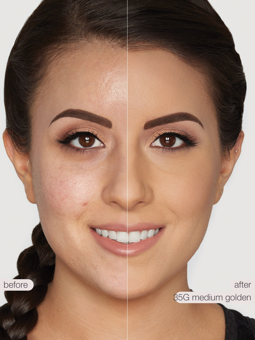 Before and after comparison of a woman's face with makeup application on a plain background