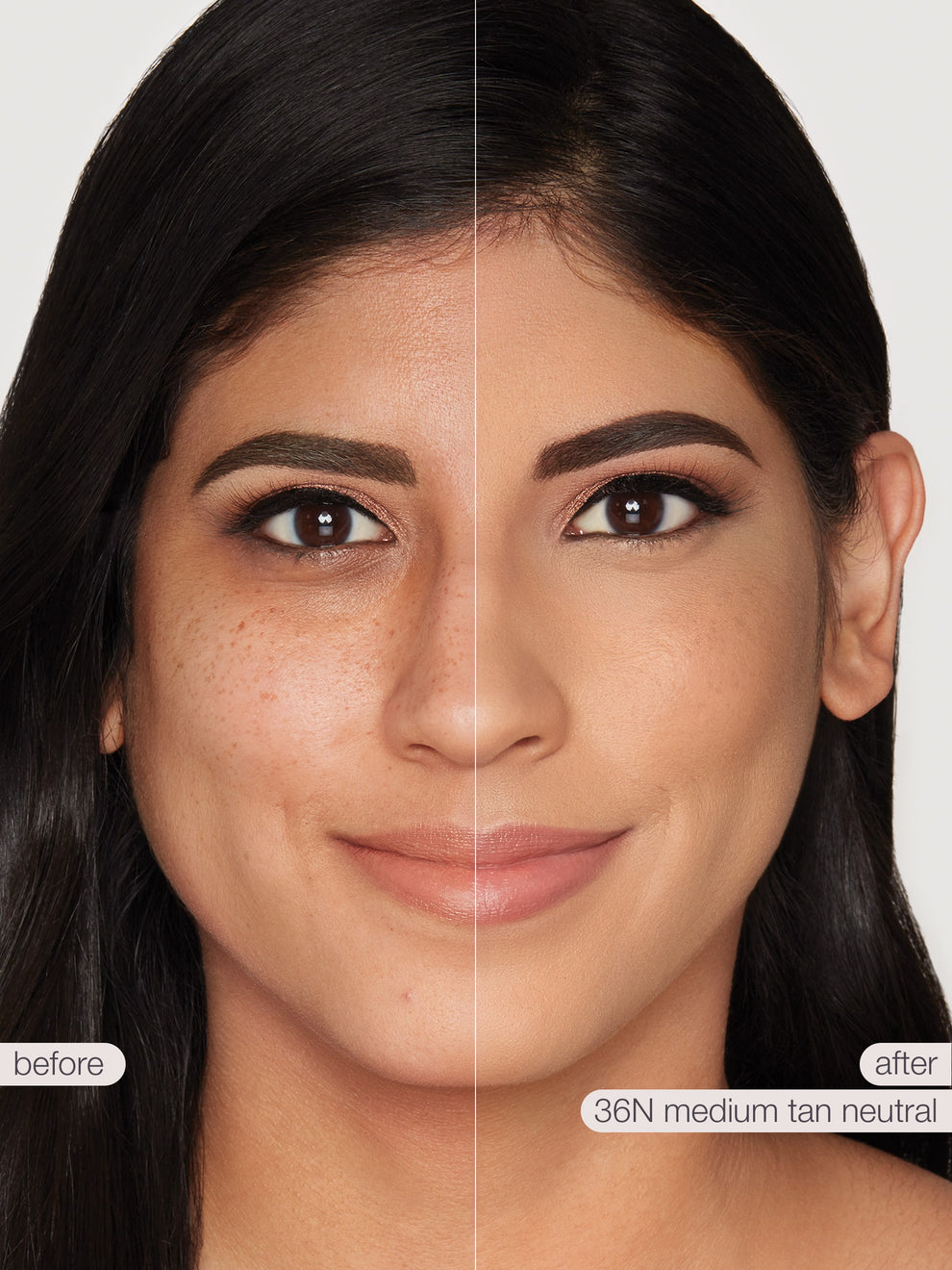 Before and after comparison of a woman's face with cosmetic product application labeled '36N medium tan neutral'.