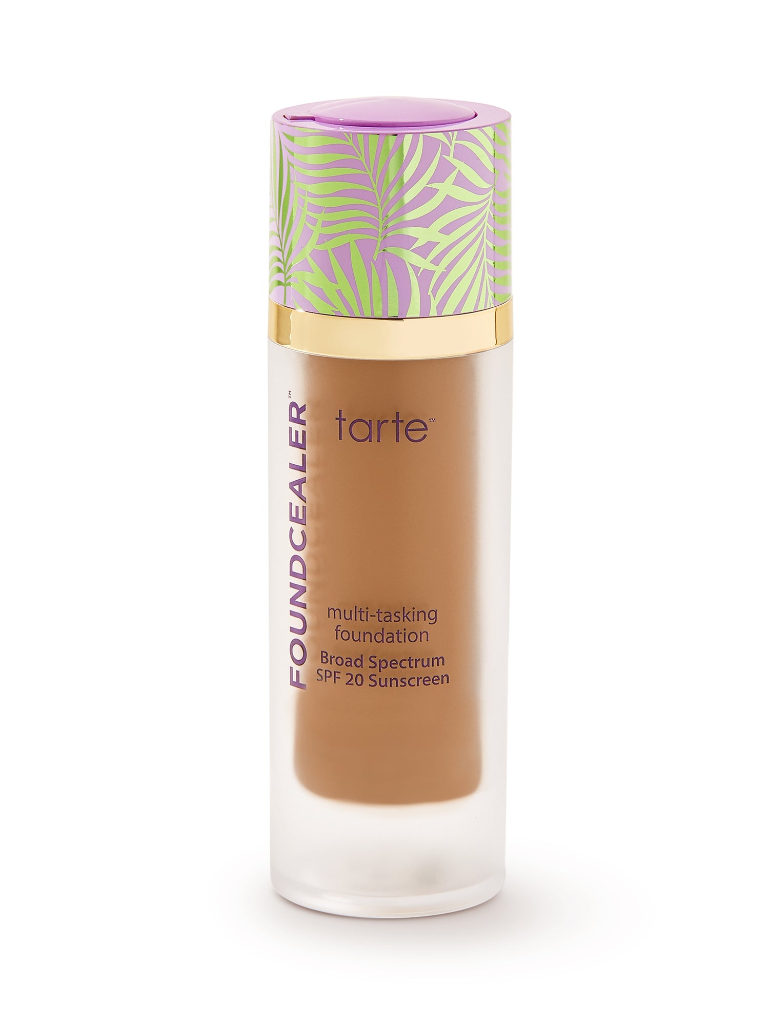 Tarte multi-tasking foundation bottle with colorful cap on a white background