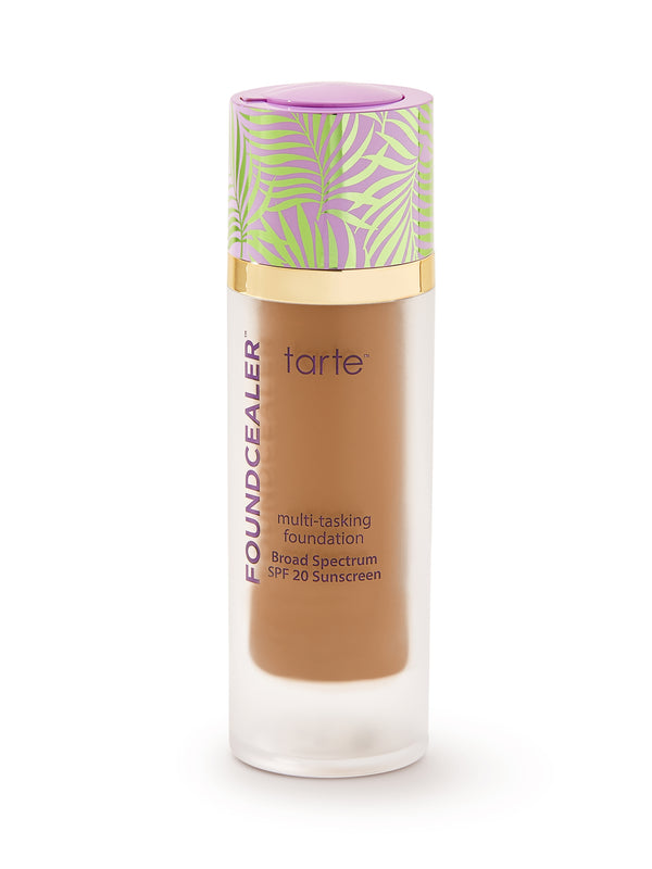 Tarte multi-tasking foundation bottle with colorful cap on a white background