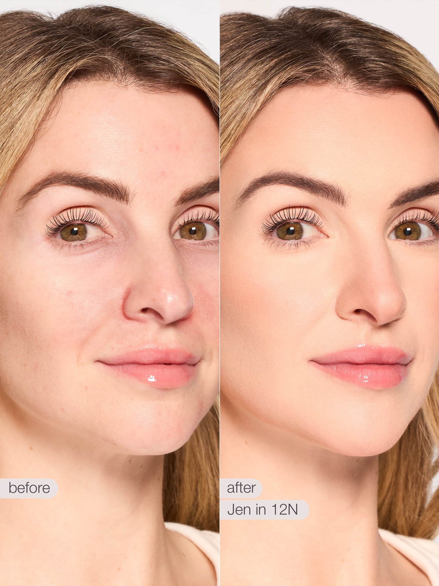 Before and after comparison of a woman's face with skincare product application.
