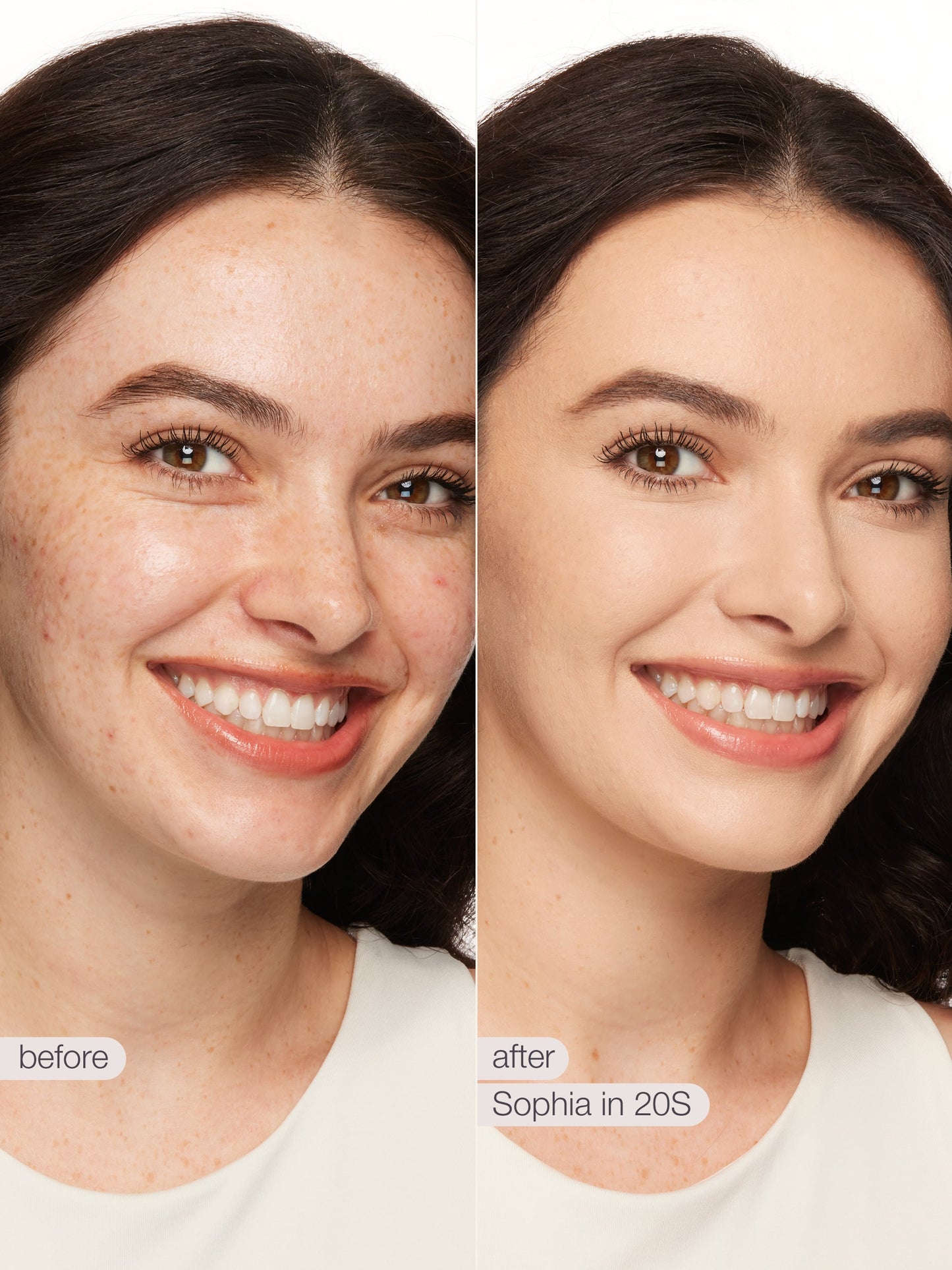 Before and after comparison of a woman's face with visible skin improvement using a skincare product.