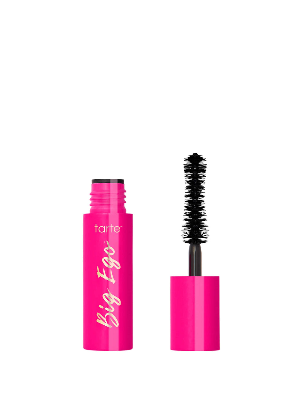 Tarte Big Ego mascara with pink tube and black brush on white background