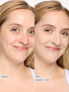 Before and after comparison of a woman's face with makeup application labeled 'Sarah in 12B'.