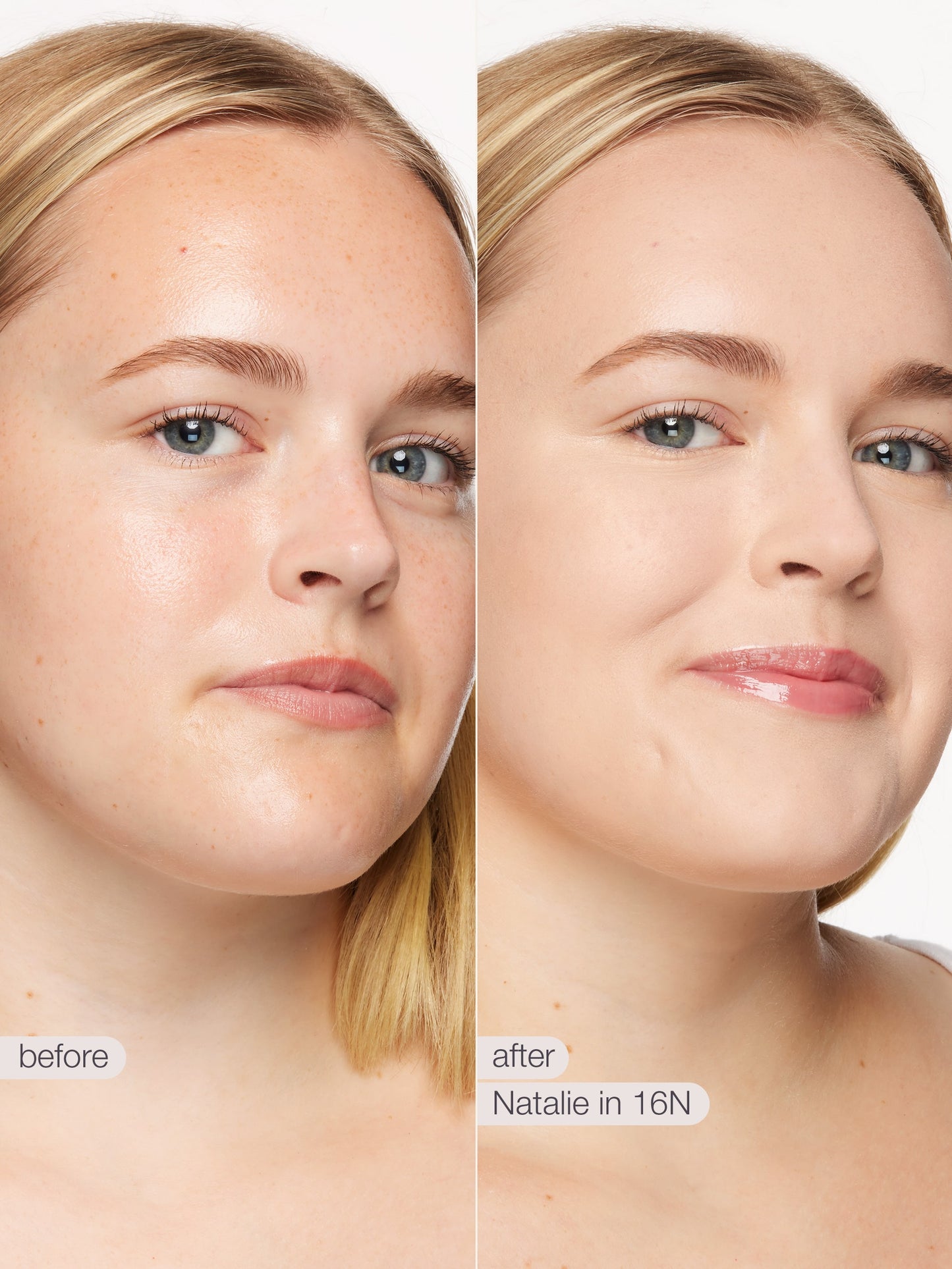 Before and after comparison of a woman's face with visible makeup changes.