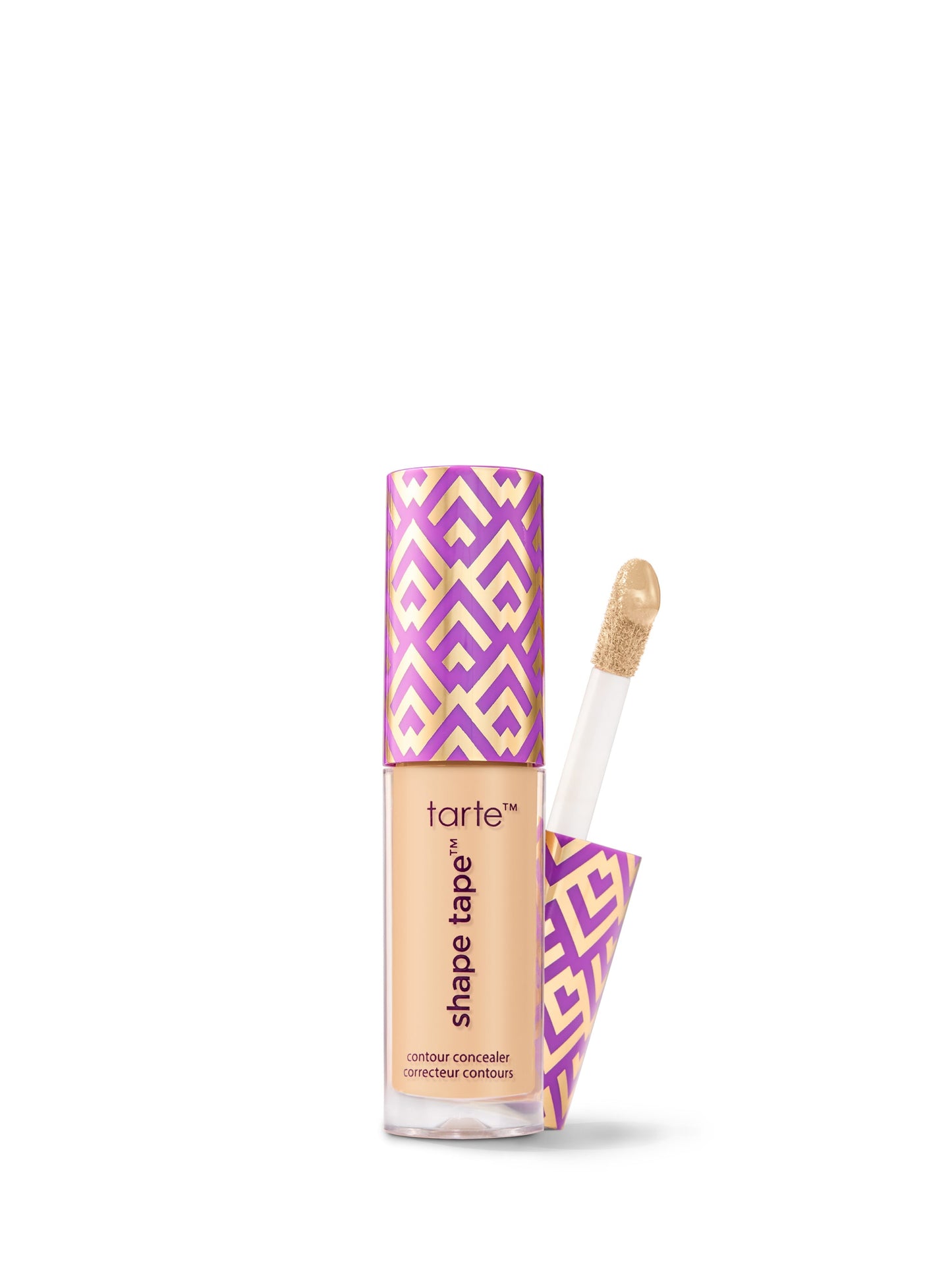 Tarte Shape Tape concealer with purple and gold packaging on a white background