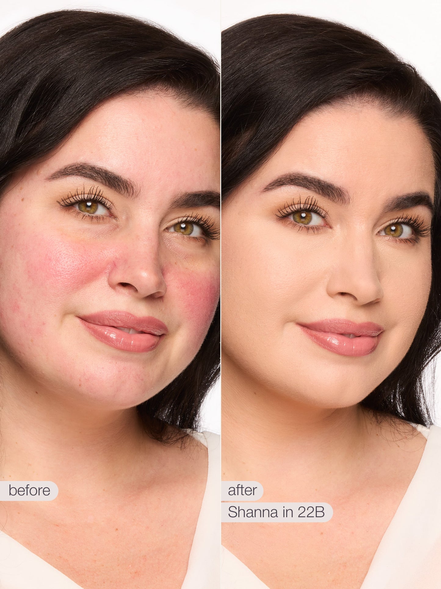 Before and after comparison of a woman's face with cosmetic application labeled 'Shanna in 22B'.