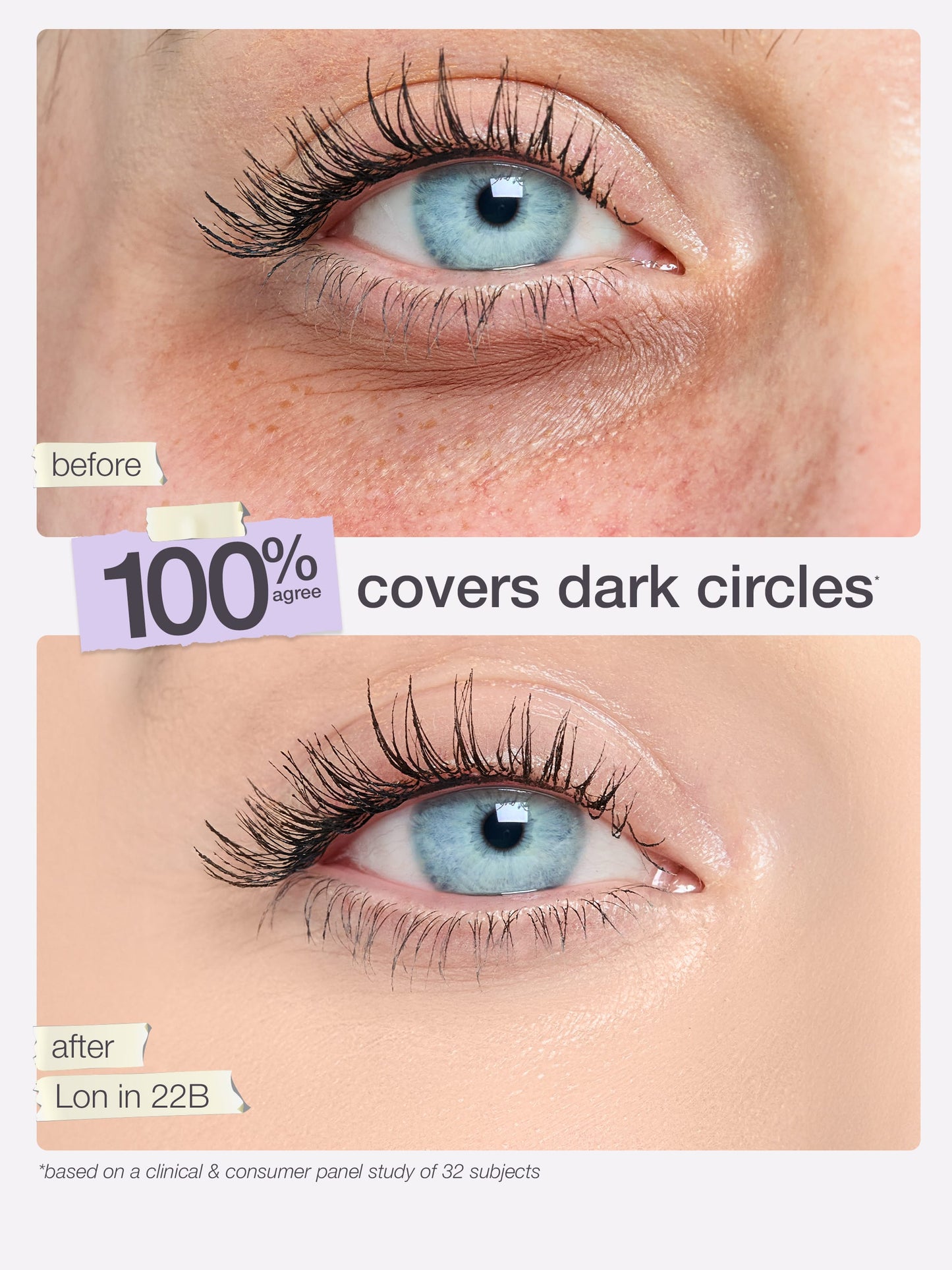 Before and after comparison of eye makeup application on a person's eyelid.