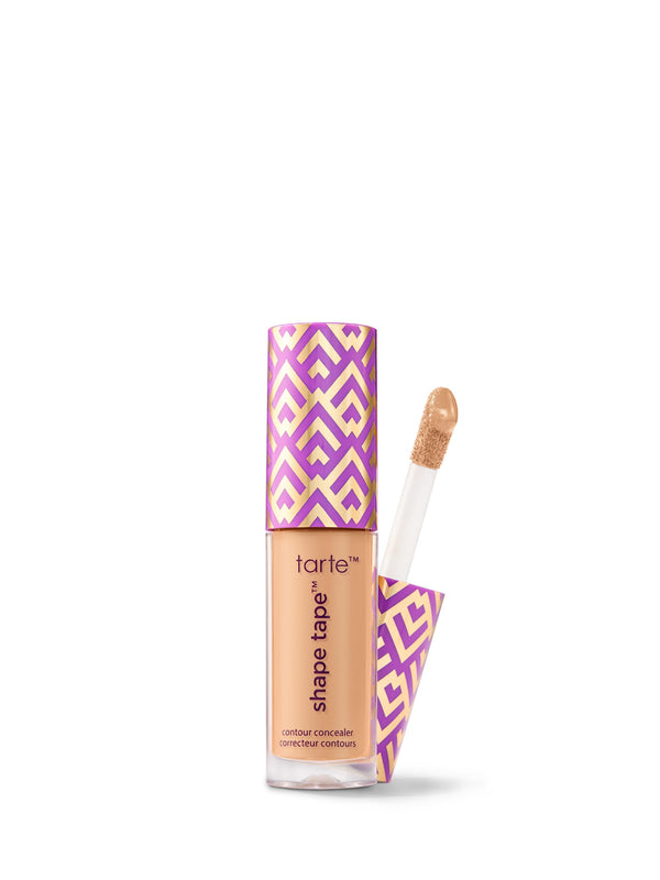 Tarte Shape Tape concealer with purple and yellow packaging on a white background