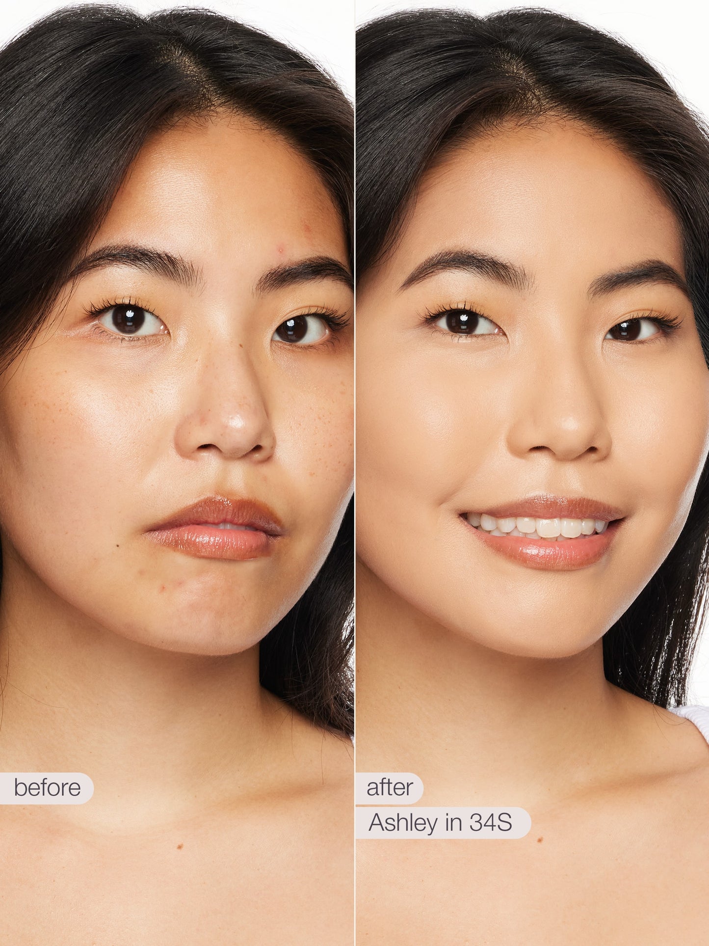 Before and after comparison of a woman's face with text indicating 'before' and 'after' and product name.