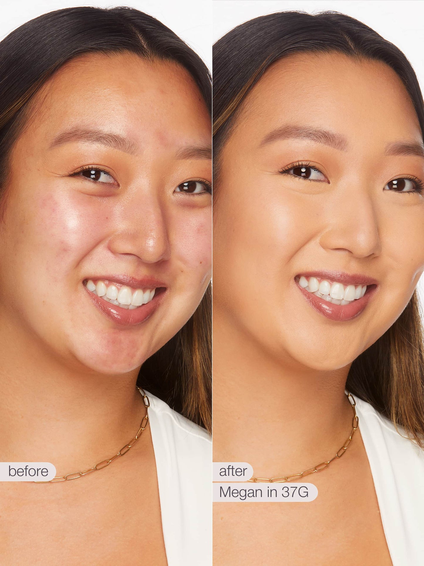 Before and after comparison of a woman's face with text indicating 'before' and 'after' and product name.
