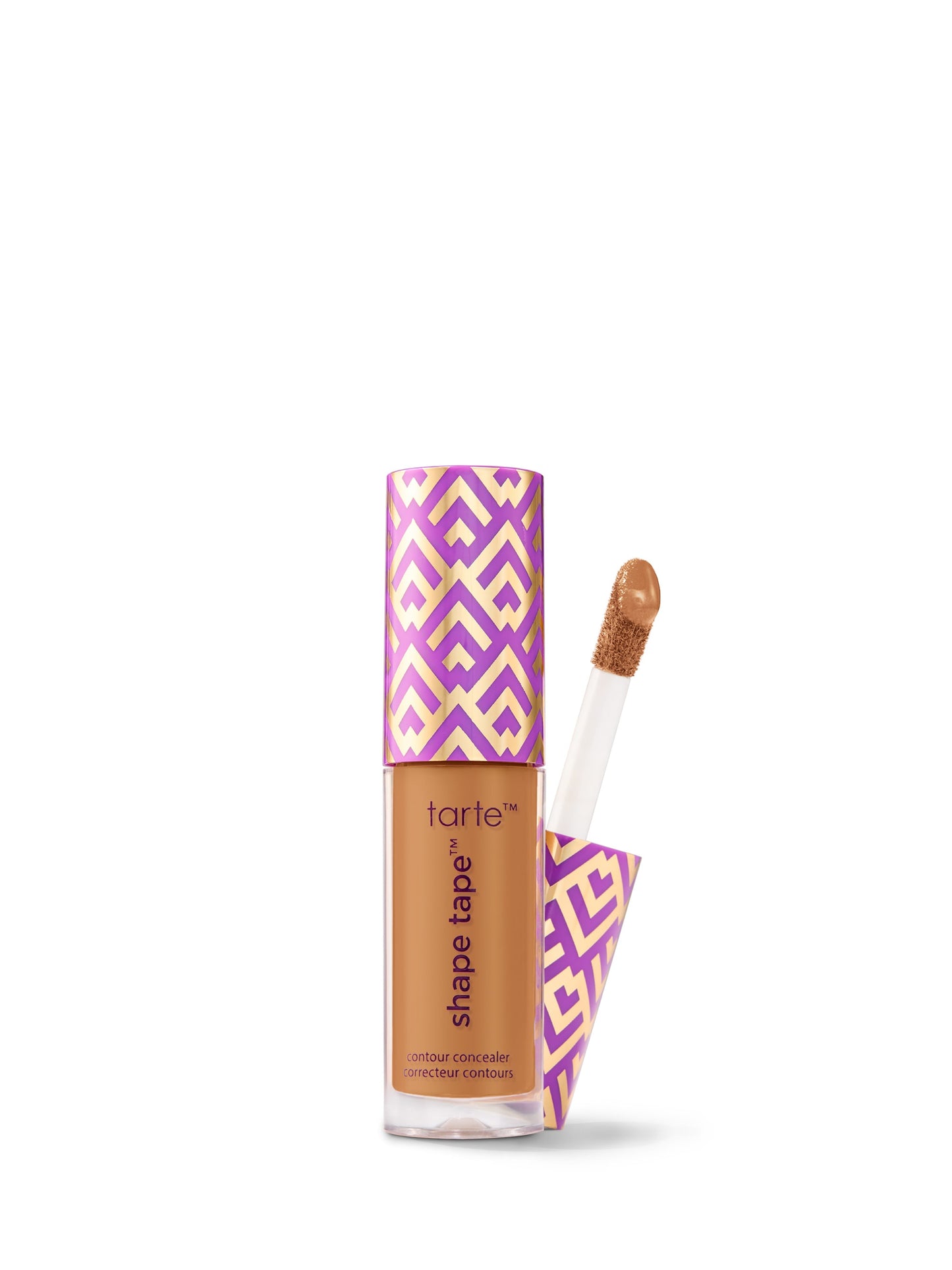 Tarte Shape Tape concealer with purple and yellow packaging on a white background