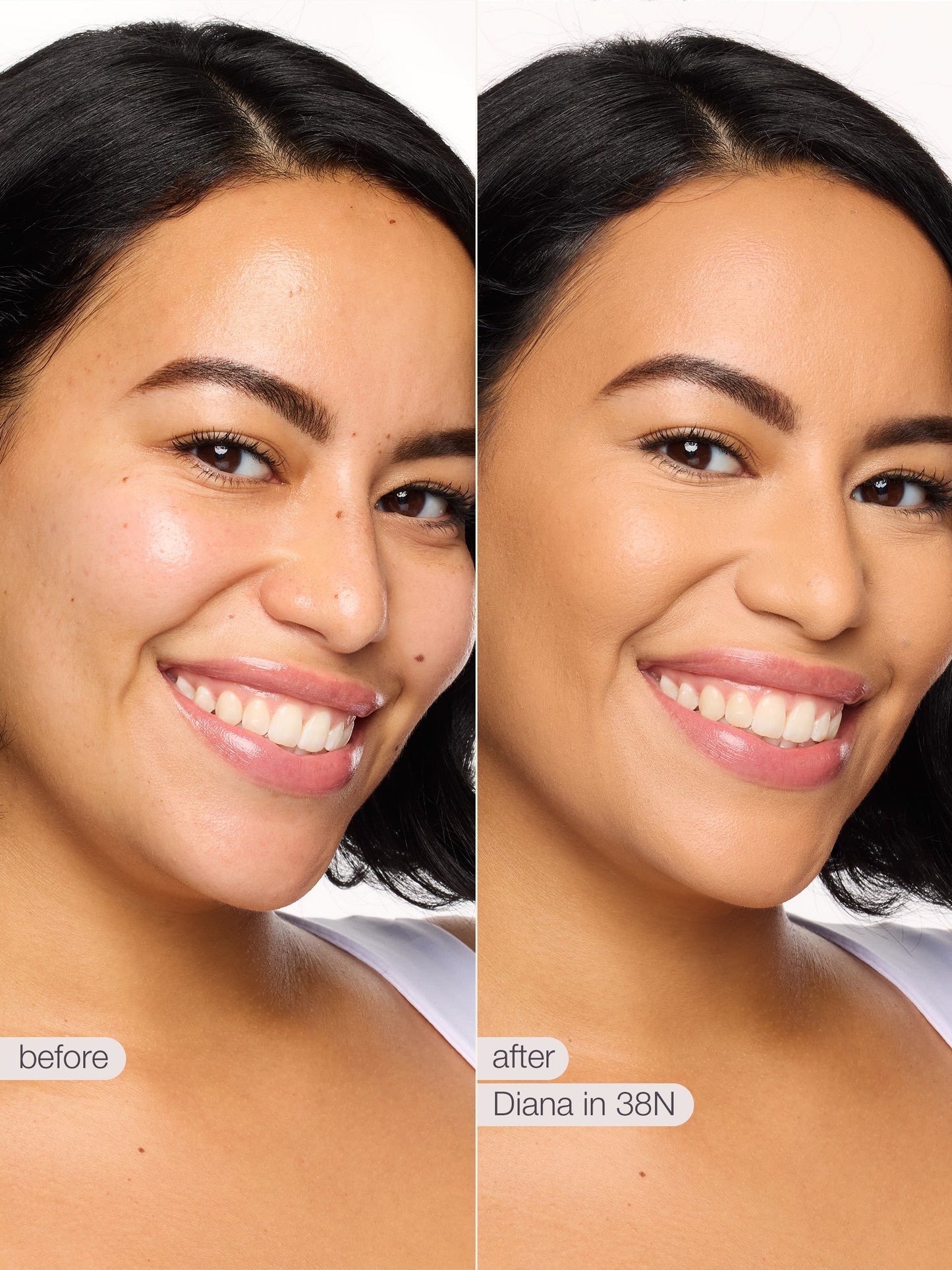 Before and after comparison of a woman's face with text indicating product name and color.