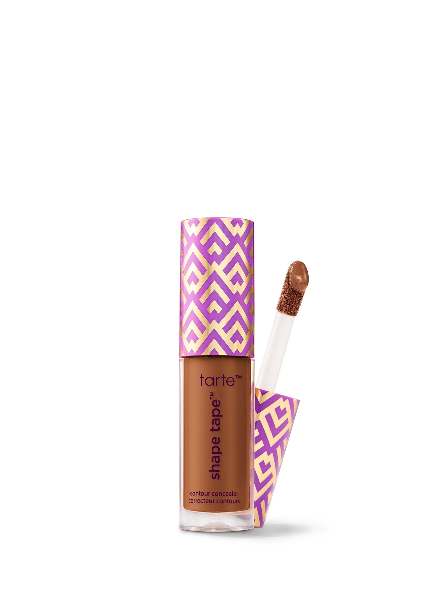 Tarte Shape Tape concealer with purple and yellow pattern on a white background