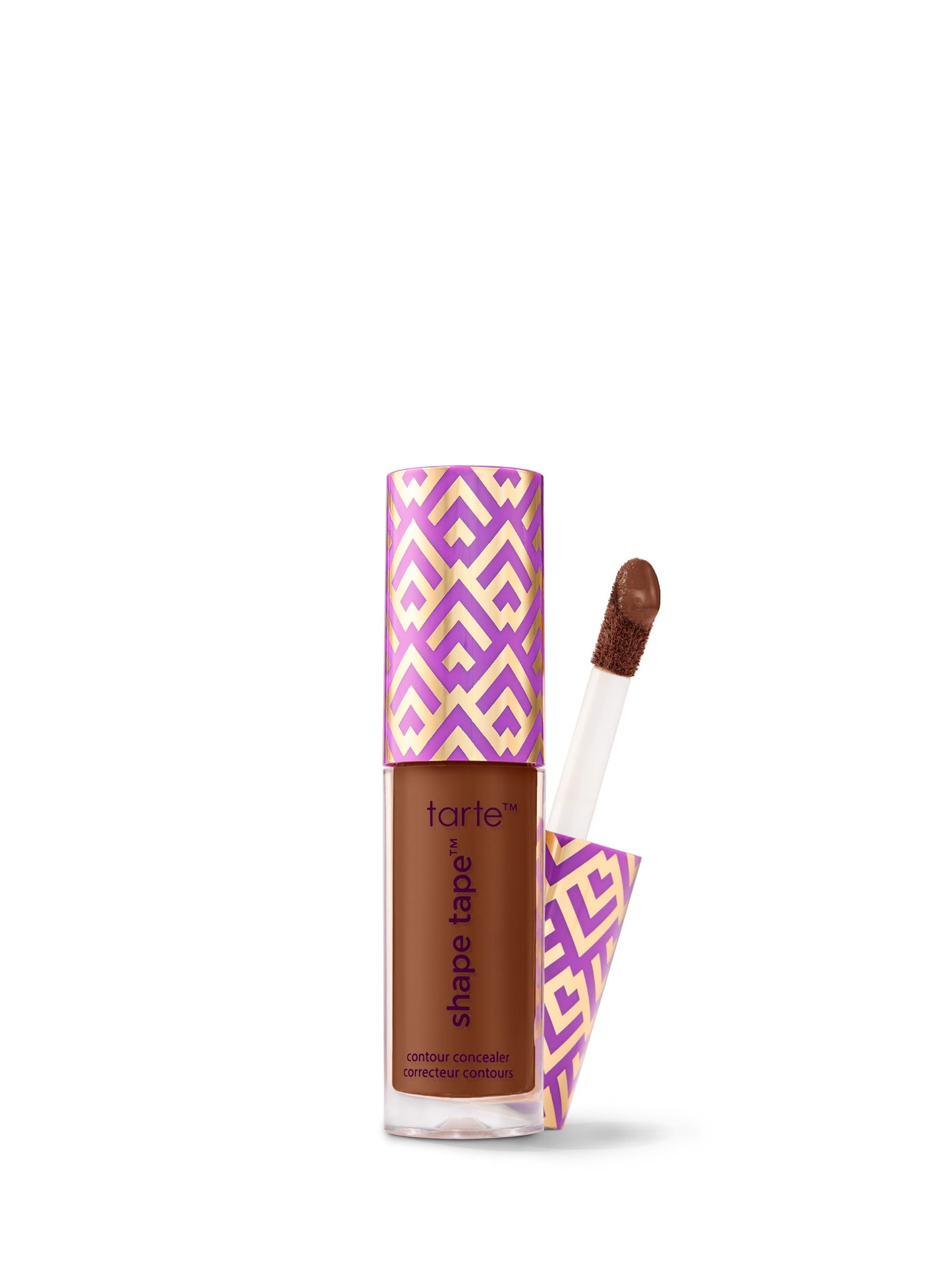 Tarte Shape Tape product with purple and pink geometric pattern on a white background