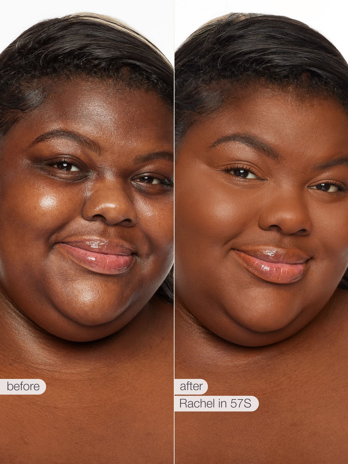 Before and after comparison of a woman's face with text indicating 'before' and 'after' on a white background.