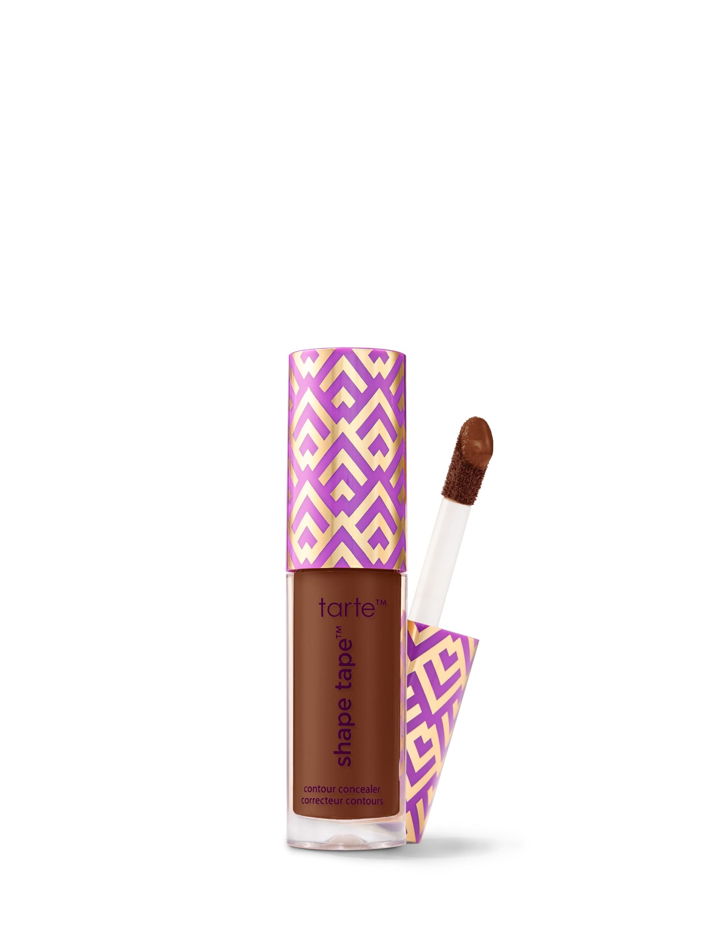 Tarte Shape Tape product with purple and pink geometric pattern on a white background