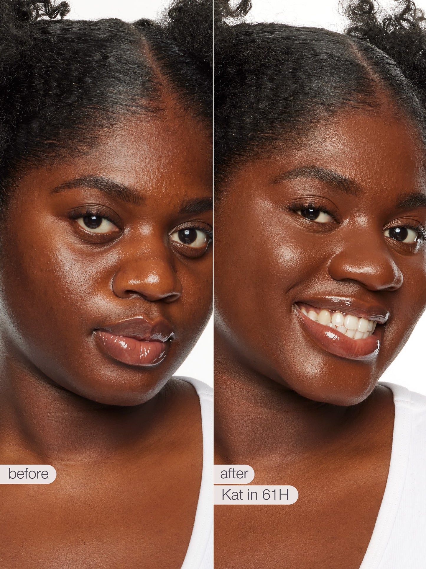 Before and after comparison of a woman's face with text indicating 'before' and 'after' with 'Kat in 61H'.