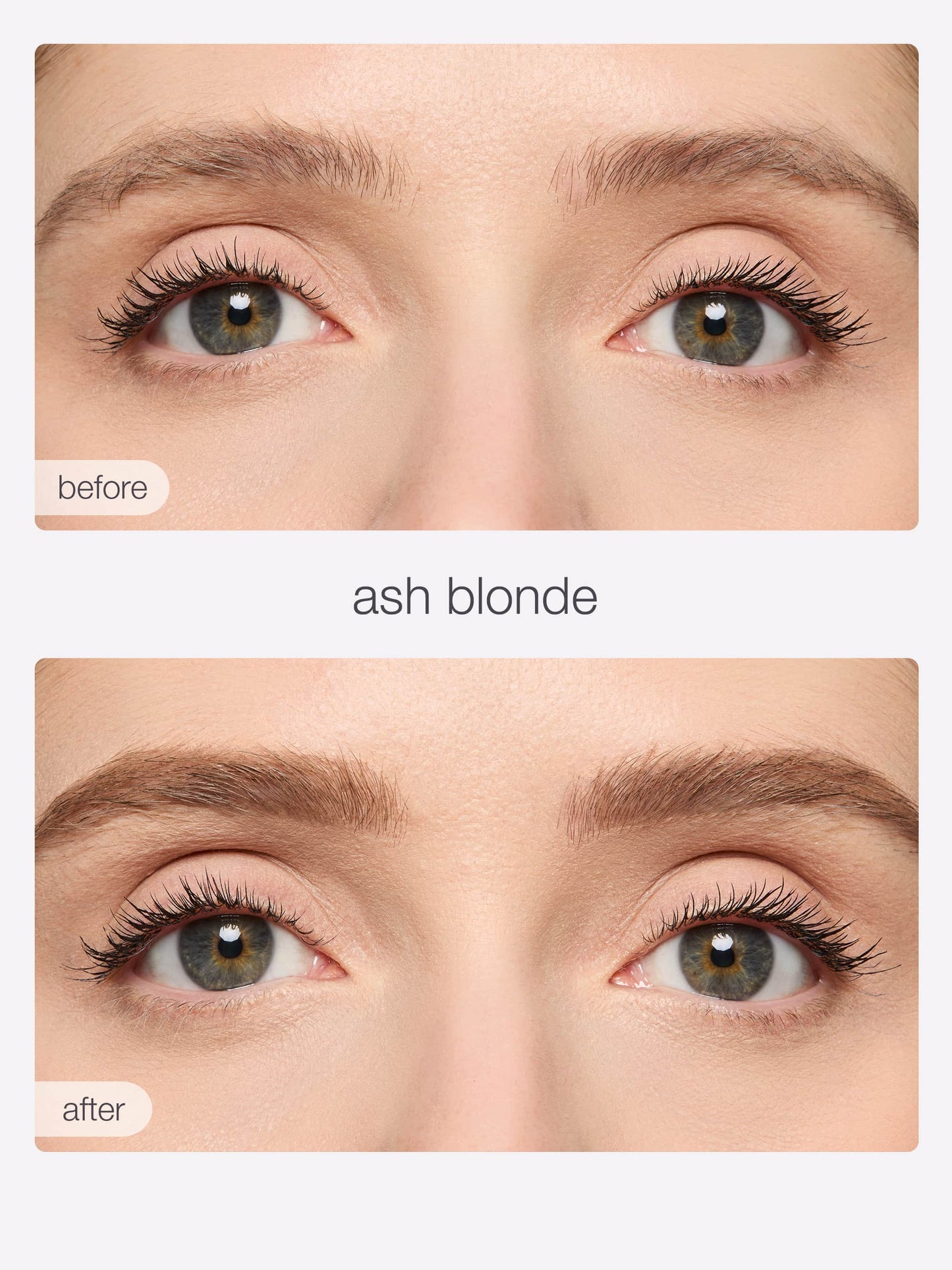 Before and after comparison of ash blonde hair color on a person's eyes.