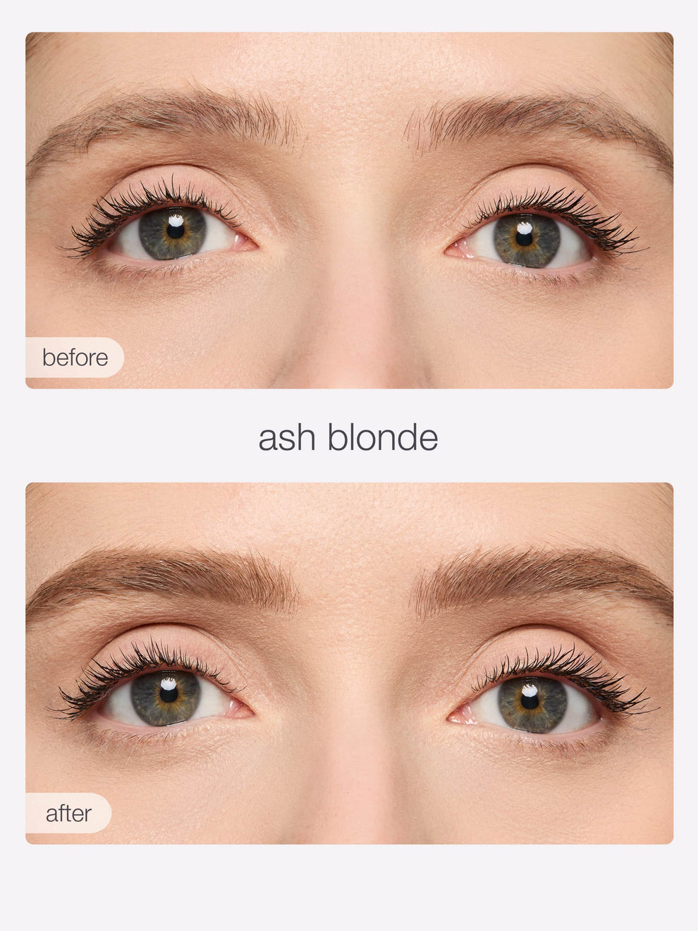Before and after comparison of ash blonde hair color on a person's eyes.