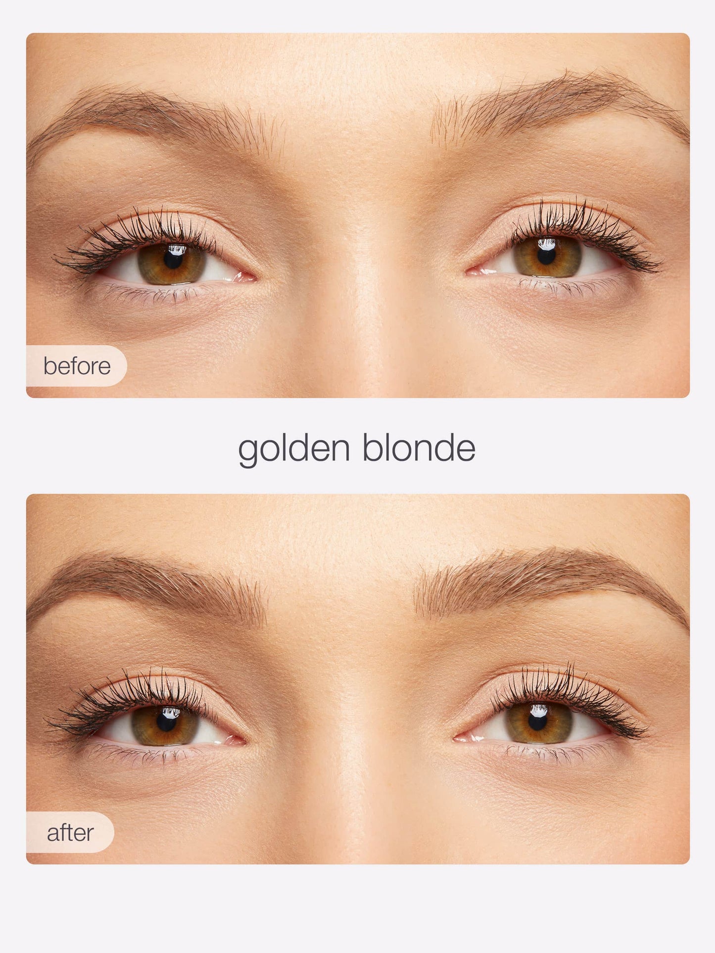 Before and after comparison of eye makeup with 'golden blonde' color on a neutral background.