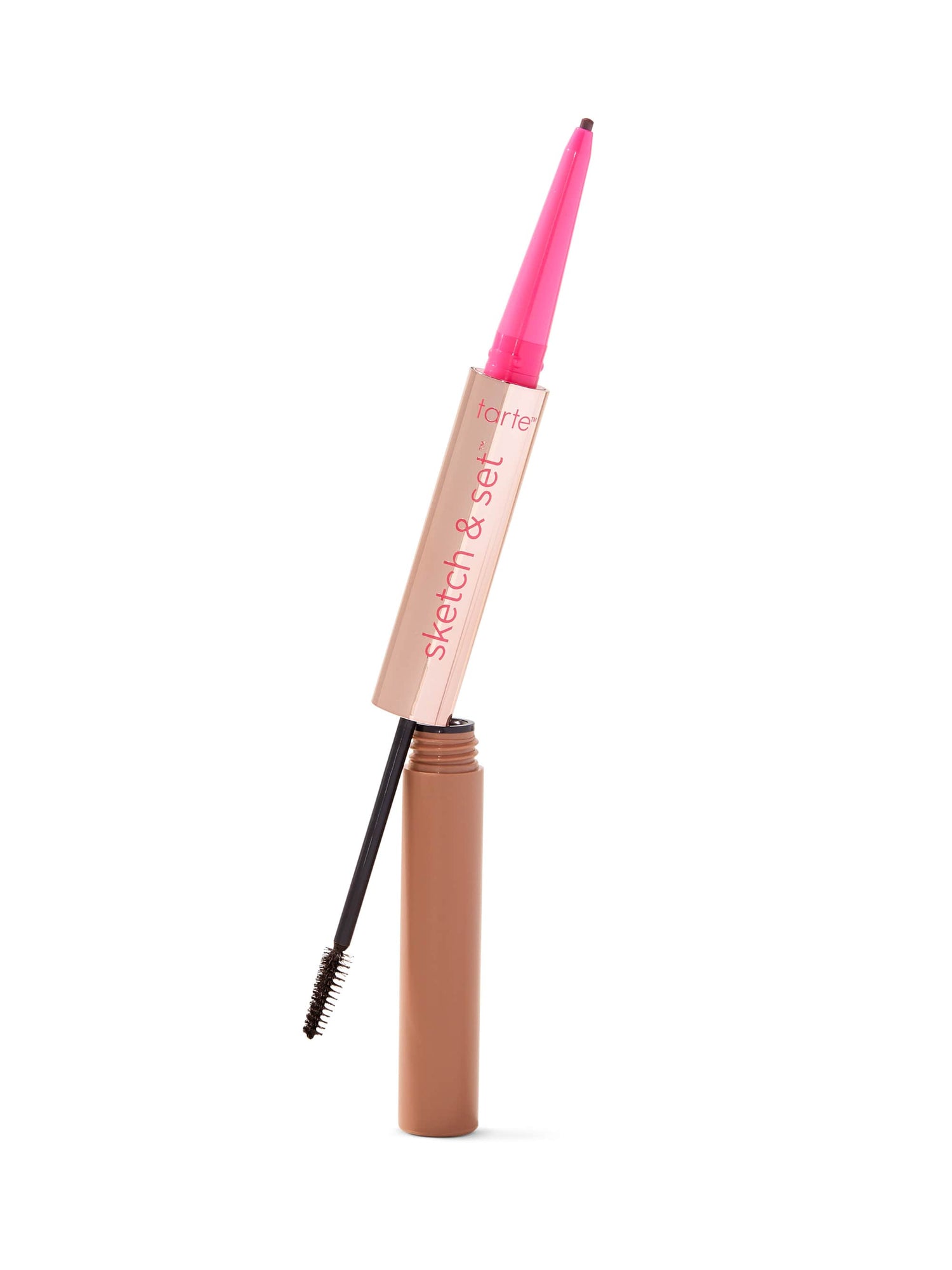 Eyebrow pencil with pink cap and brown body on a white background
