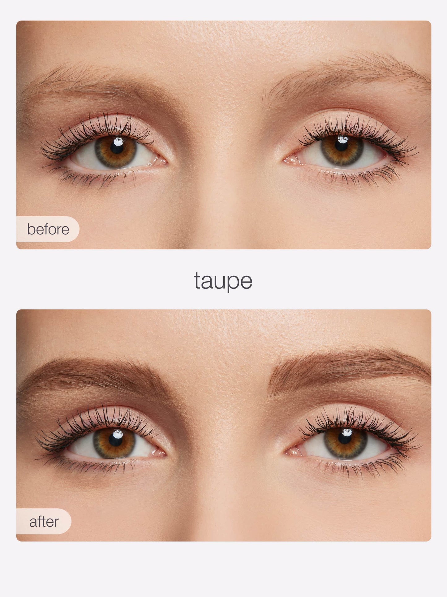 Before and after comparison of eye makeup with 'taupe' color application.