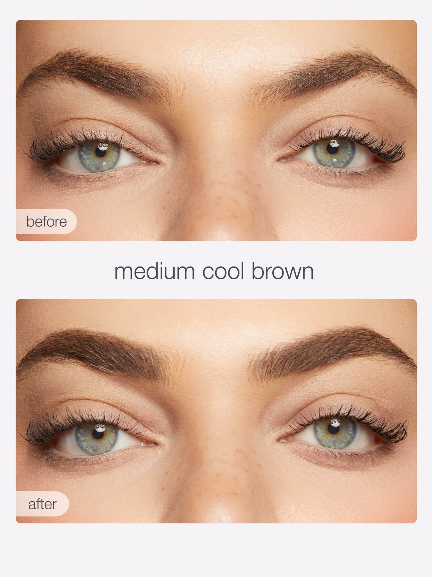 Before and after comparison of medium cool brown eyebrow color on a person with blue eyes.