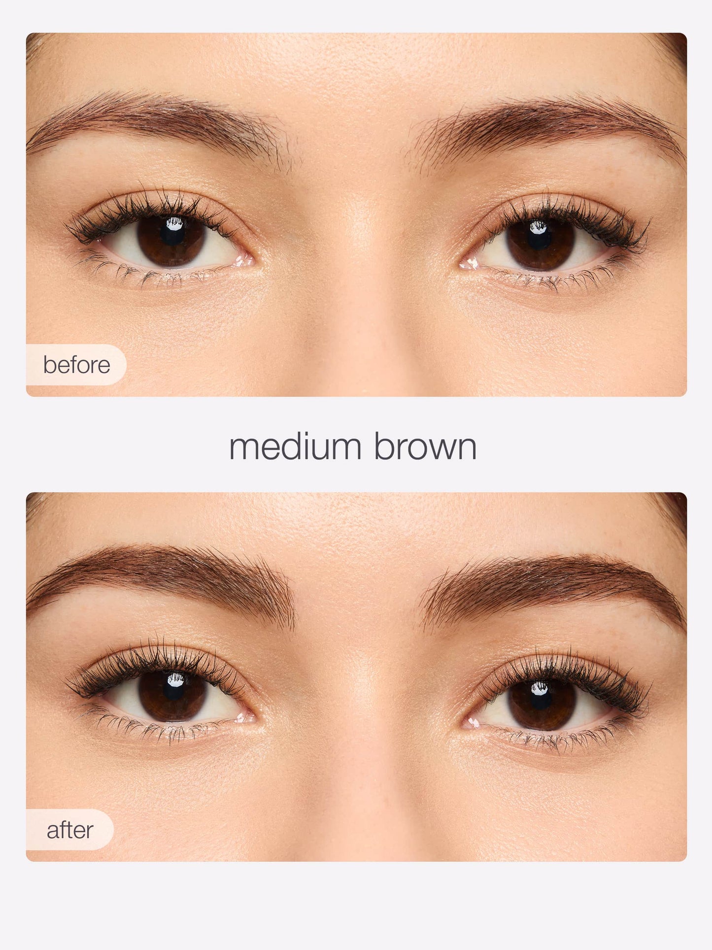Before and after comparison of medium brown eyebrow color on a person's face.