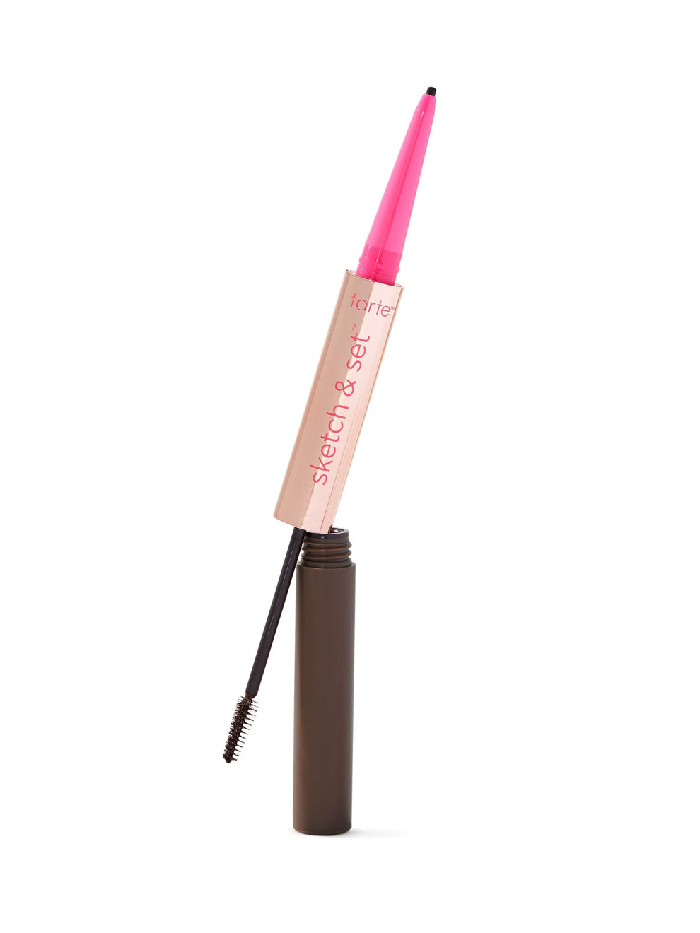 Eyebrow pencil with pink cap and brown shaft on a white background