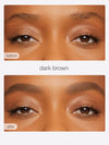 Before and after comparison of dark brown eyebrow product application on a person's face.