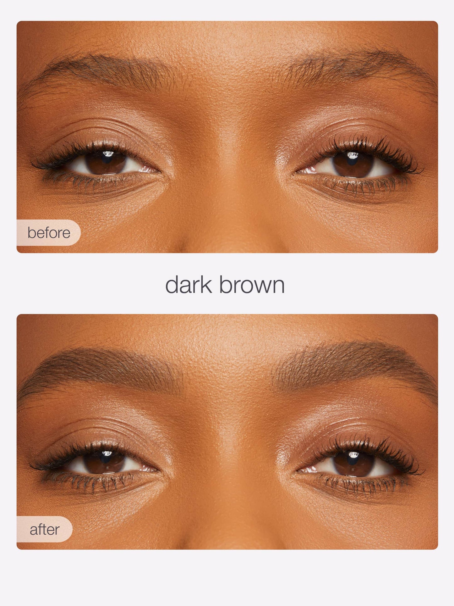 Before and after comparison of dark brown eyebrow product application on a person's face.
